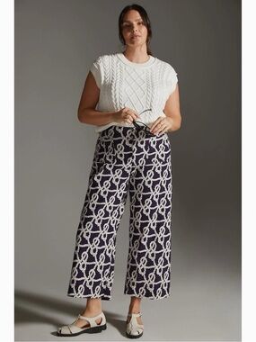 Anthropologie Maeve Colette Wide-Leg Crop Pant Coastal Rope Print Navy White 31